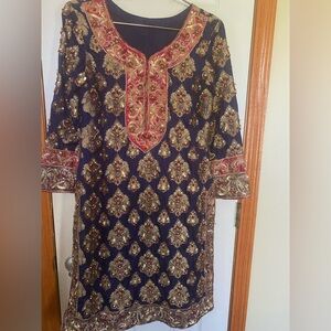 3pc royal blue shalwar kameez Pakistani clothes indian heavywork!